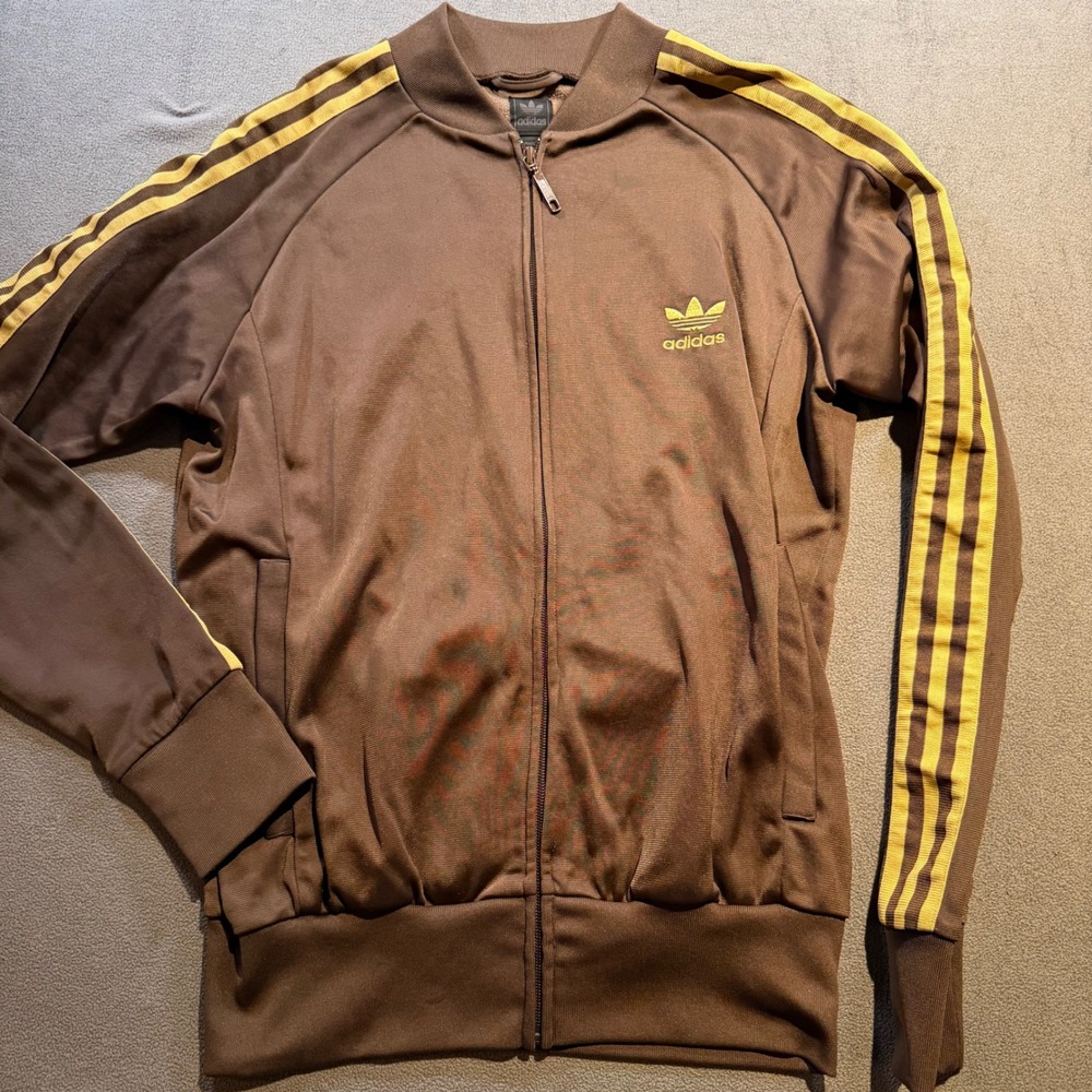 Adidas Originals Mens Track Jacket Brown Yellow Trefoil Three Stripe Full Zip S